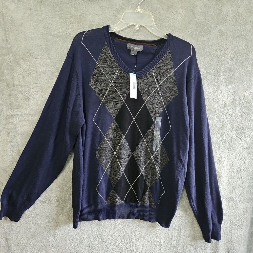 Covington Men's Sz Lg Navy Argyle Vneck Sweater New pullover